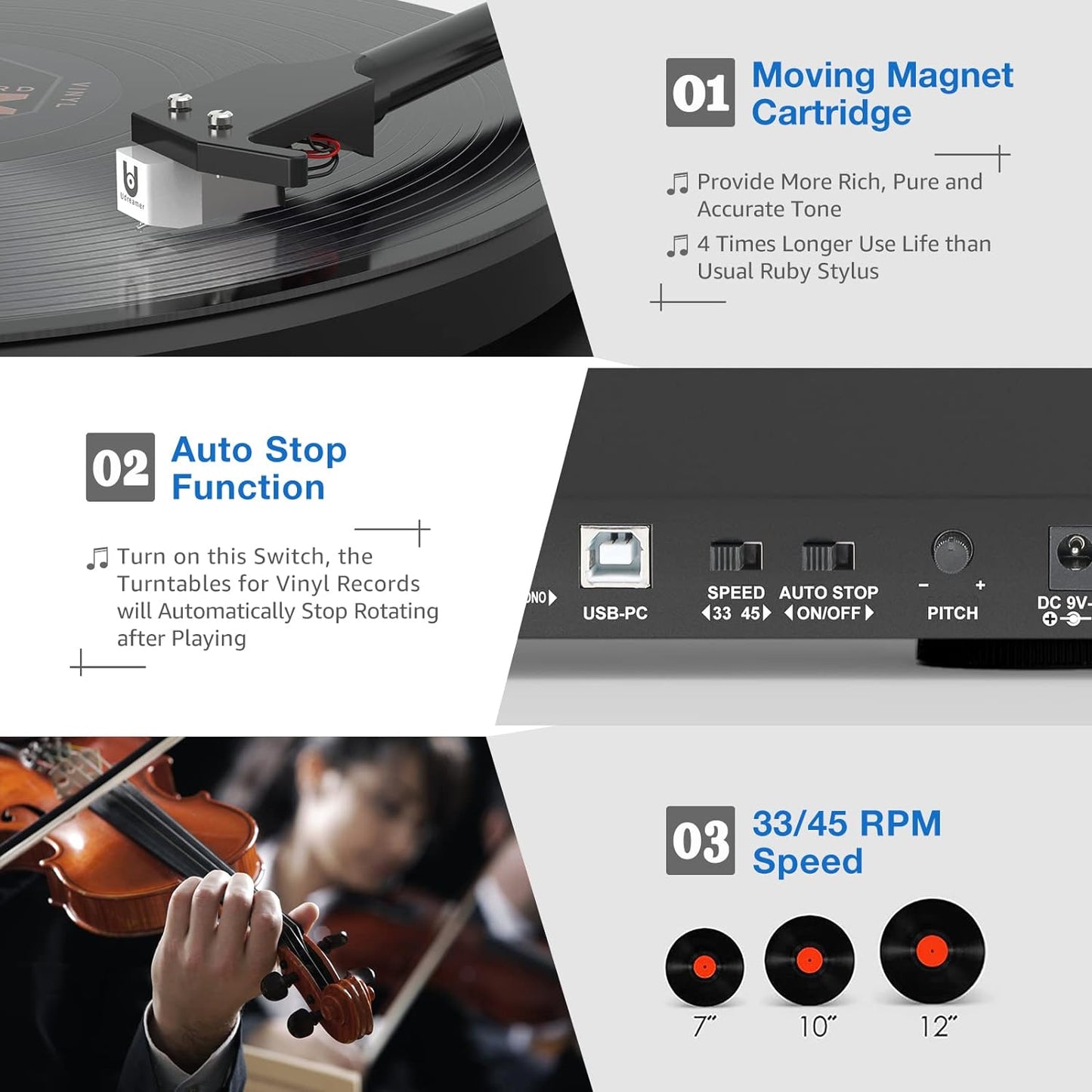 Vinyl Record Player Turntable with Bluetooth Output,Usb Recording,Counter Weight,Magnetic Cartridge,Belt Driven Turntable for Vinyl Records