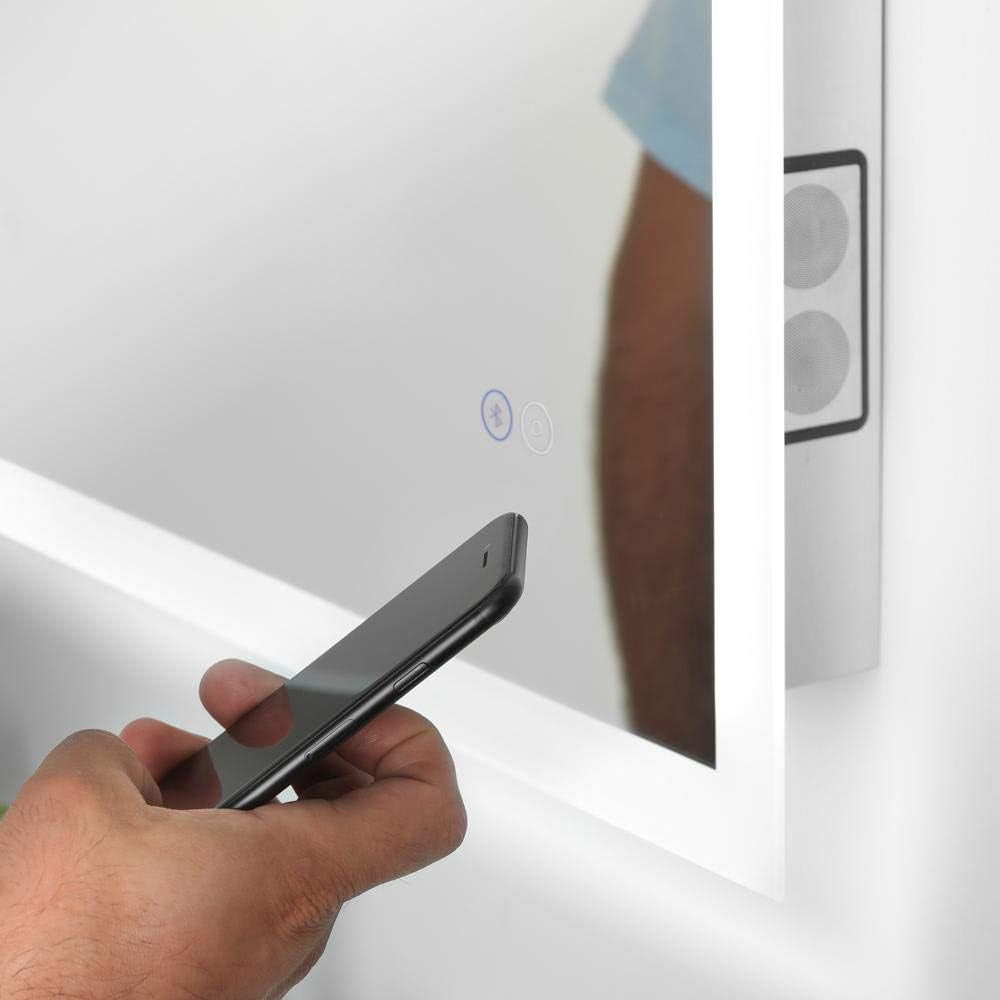 LED Bathroom Mirror with Bluetooth Speakers, Frameless Rectangular Wall Mounted Horizontal or Vertical Vanity, Dimmable Bright White 6400K Temperature