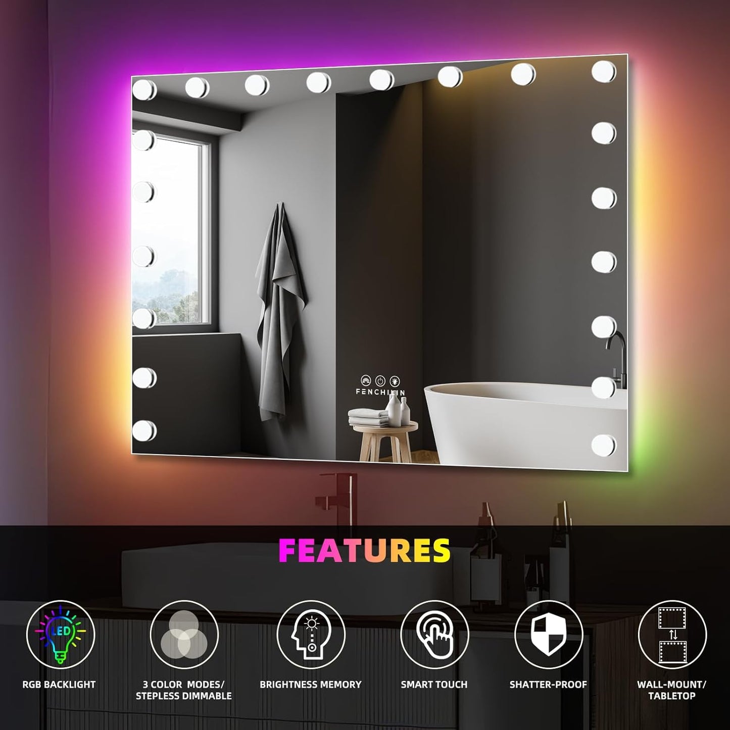 RGB LED Vanity Mirror with Front Light and RGB Backlit Lighted Hollywood Makeup Mirror with 18 Dimmable Bulbs Smart Touch for Bedroom (32"X39.37") White