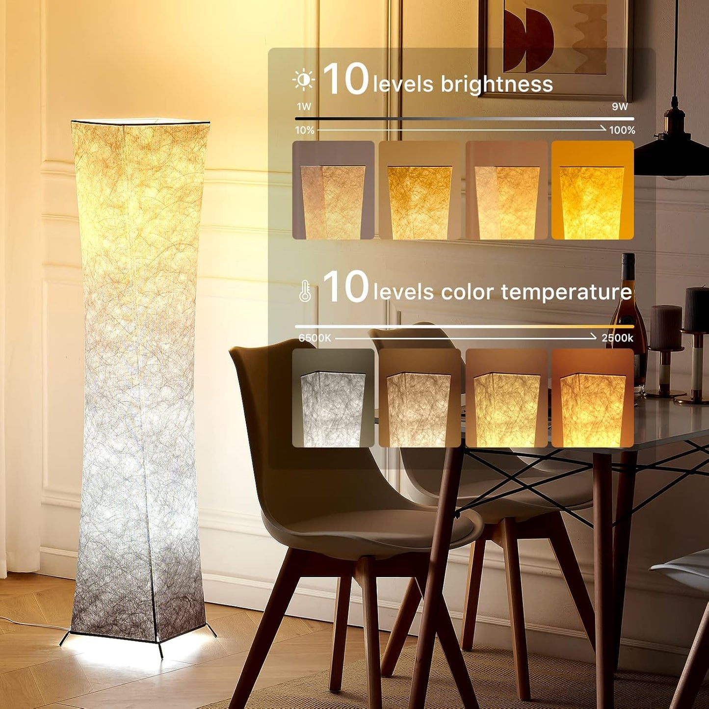 Floor Lamp, 52" (M) Column Floor Lamp, 10 Dimmable Brightness 2700K-6500K Color Temperature, Brown Gradient Lampshade with Remote, Modern Lamp for Living Room, Bedroom, Kids Room, Office