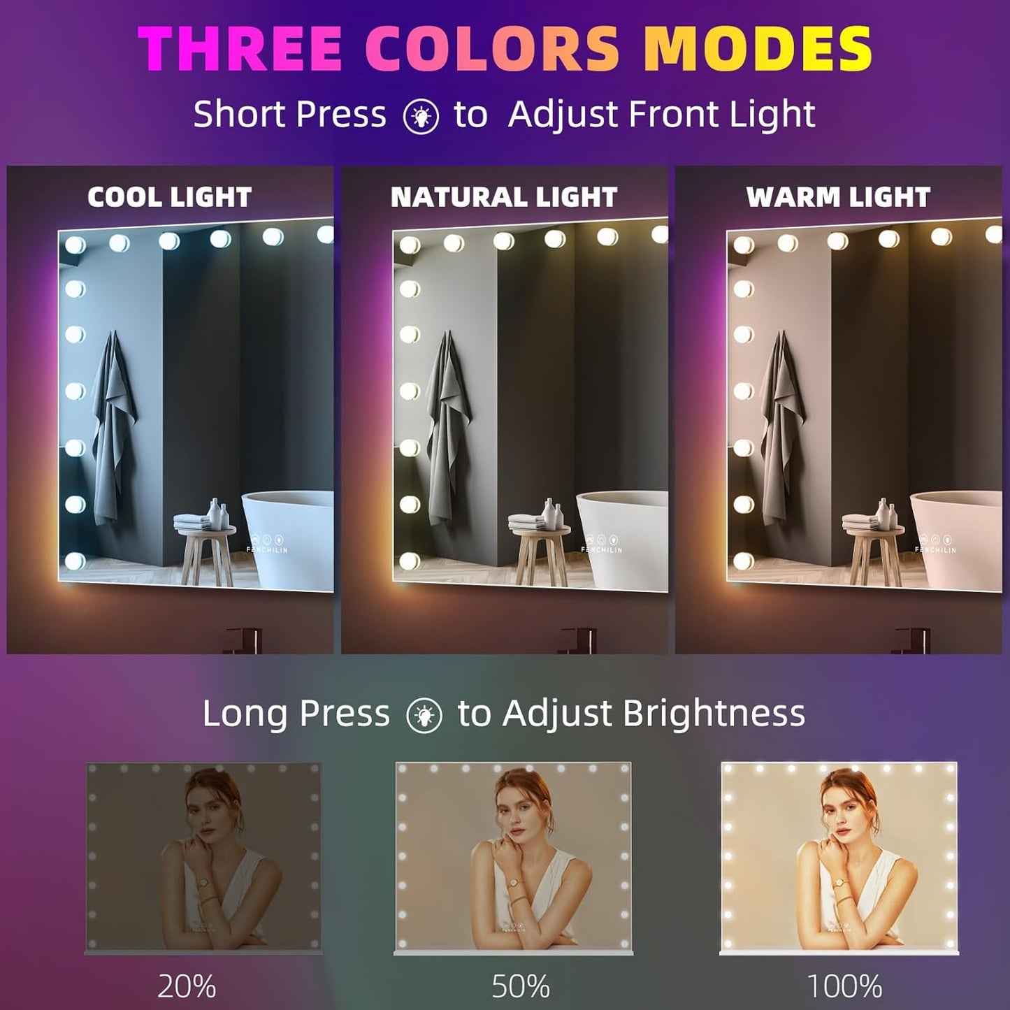 RGB LED Vanity Mirror with Front Light and RGB Backlit Lighted Hollywood Makeup Mirror with 18 Dimmable Bulbs Smart Touch for Bedroom (32"X39.37") White