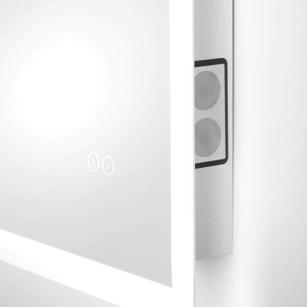 LED Bathroom Mirror with Bluetooth Speakers, Frameless Rectangular Wall Mounted Horizontal or Vertical Vanity, Dimmable Bright White 6400K Temperature