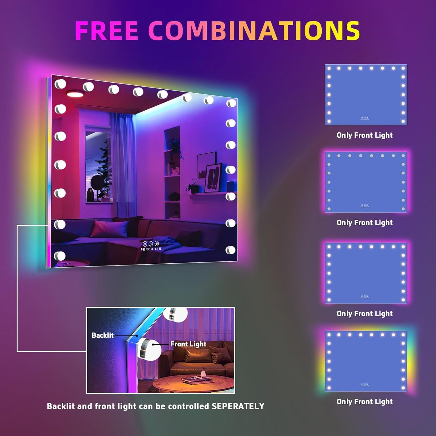RGB LED Vanity Mirror with Front Light and RGB Backlit Lighted Hollywood Makeup Mirror with 18 Dimmable Bulbs Smart Touch for Bedroom (32"X39.37") White