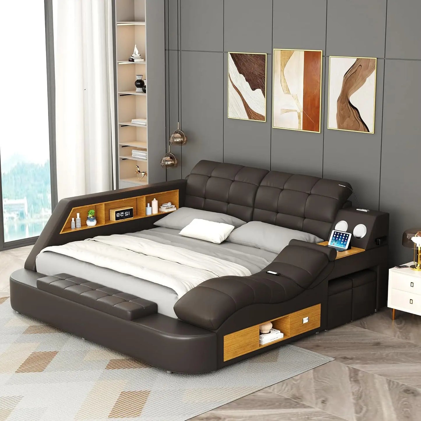Luxury Smart King Bed Frame, Multifunction Bed Frame with Massage Recliner/Bluetooth Speaker/Usb Charging Station/Storage Drawer
