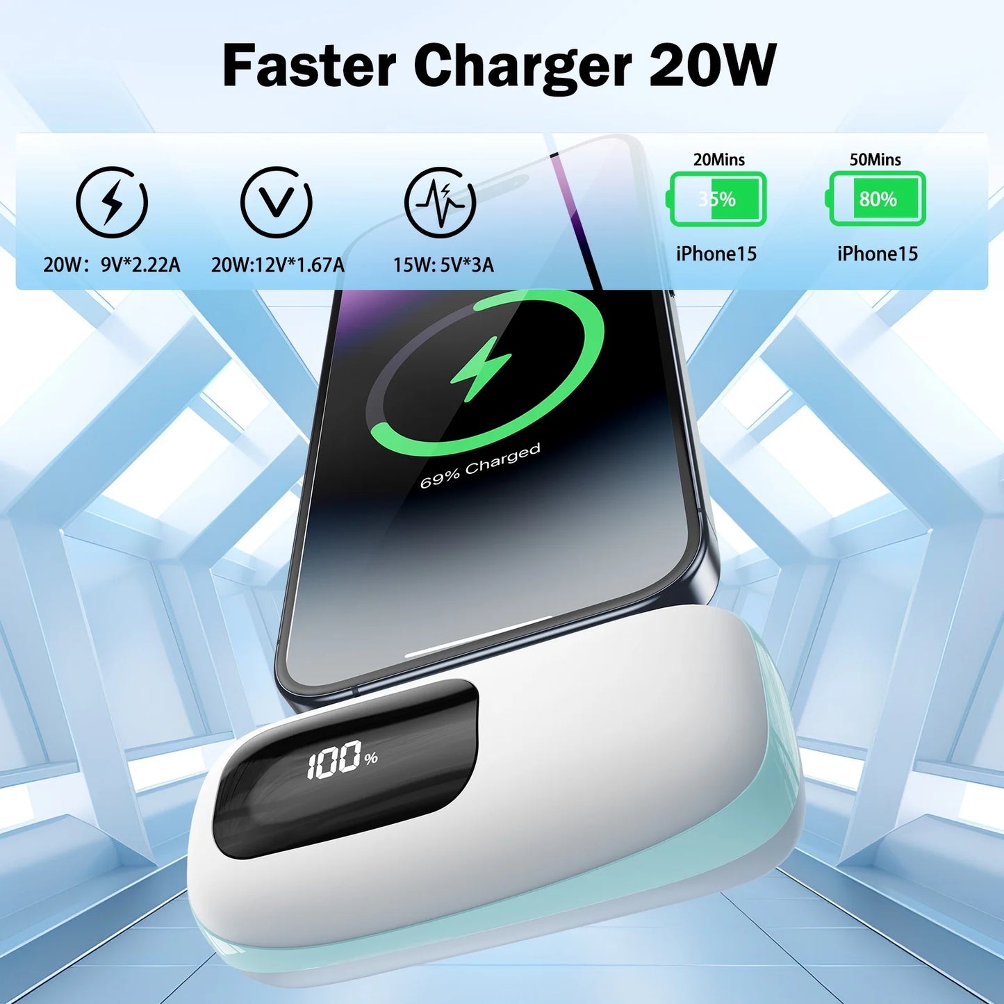 Portable Charger 5000Mah Power Bank USB-C, LCD Display Battery Pack Compatible with Iphone16/15 Series, Android, Samsung, Pixel, Blue