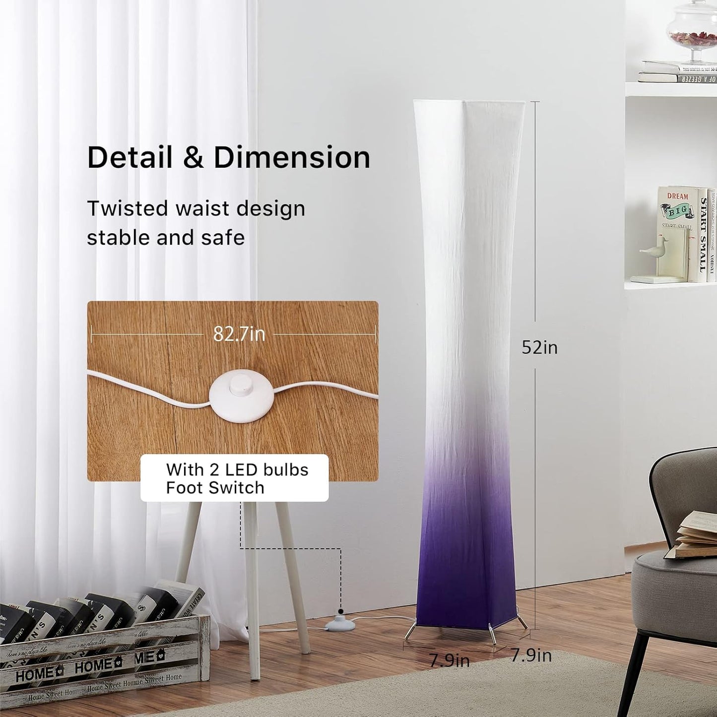 Floor Lamp, 52"(S) Standing Lamp, RGB Color Changing LED Bulbs, Adjustable Brightness Color Temperature, Purple Grandient Fabric Lampshade, for Living Room, Bedroom, Kids Room