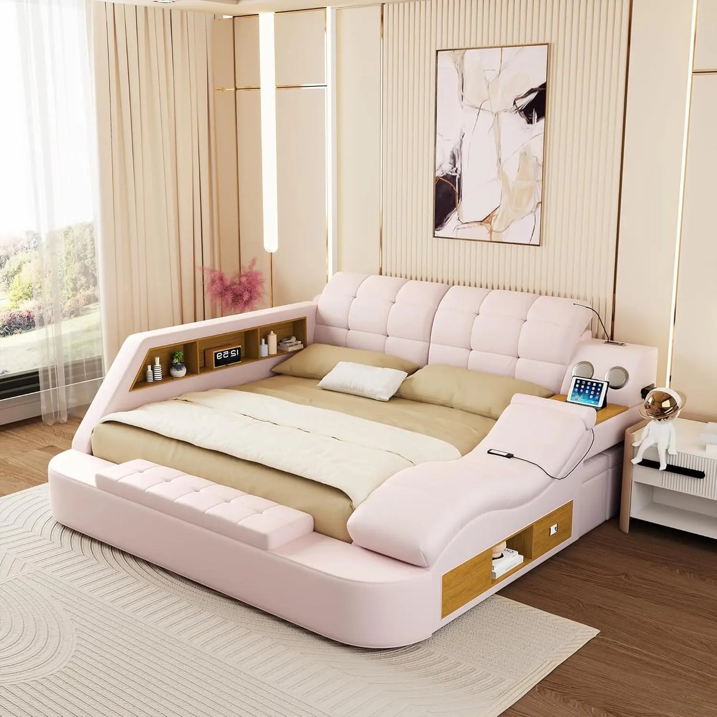 Luxury Smart King Bed Frame, Multifunction Bed Frame with Massage Recliner/Bluetooth Speaker/Usb Charging Station/Storage Drawer
