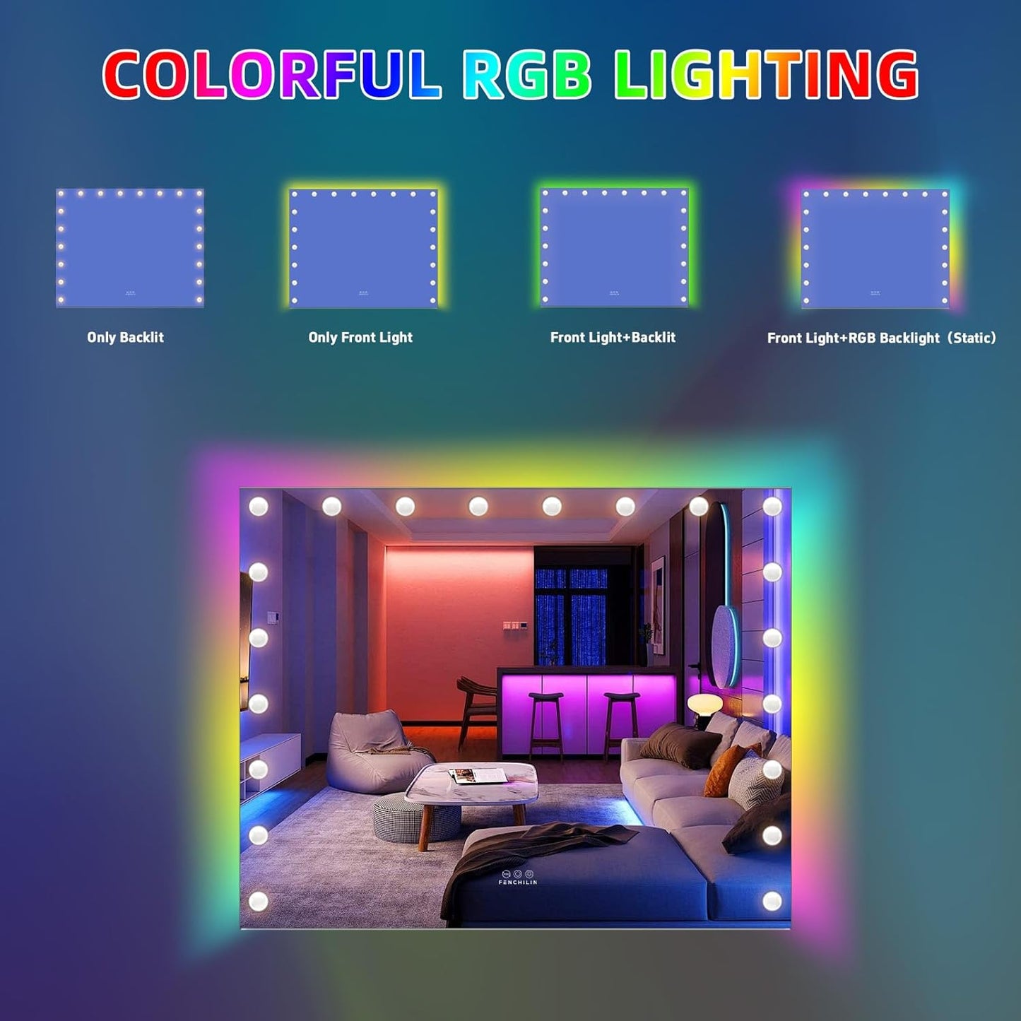 RGB LED Vanity Mirror with Front Light and RGB Backlit Lighted Hollywood Makeup Mirror with 18 Dimmable Bulbs Smart Touch for Bedroom (32"X39.37") White