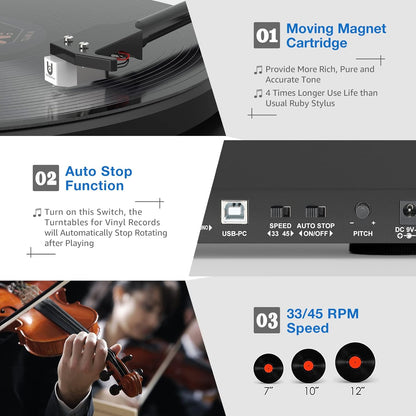 Vinyl Record Player Turntable with Bluetooth Output,Usb Recording,Counter Weight,Magnetic Cartridge,Belt Driven Turntable for Vinyl Records