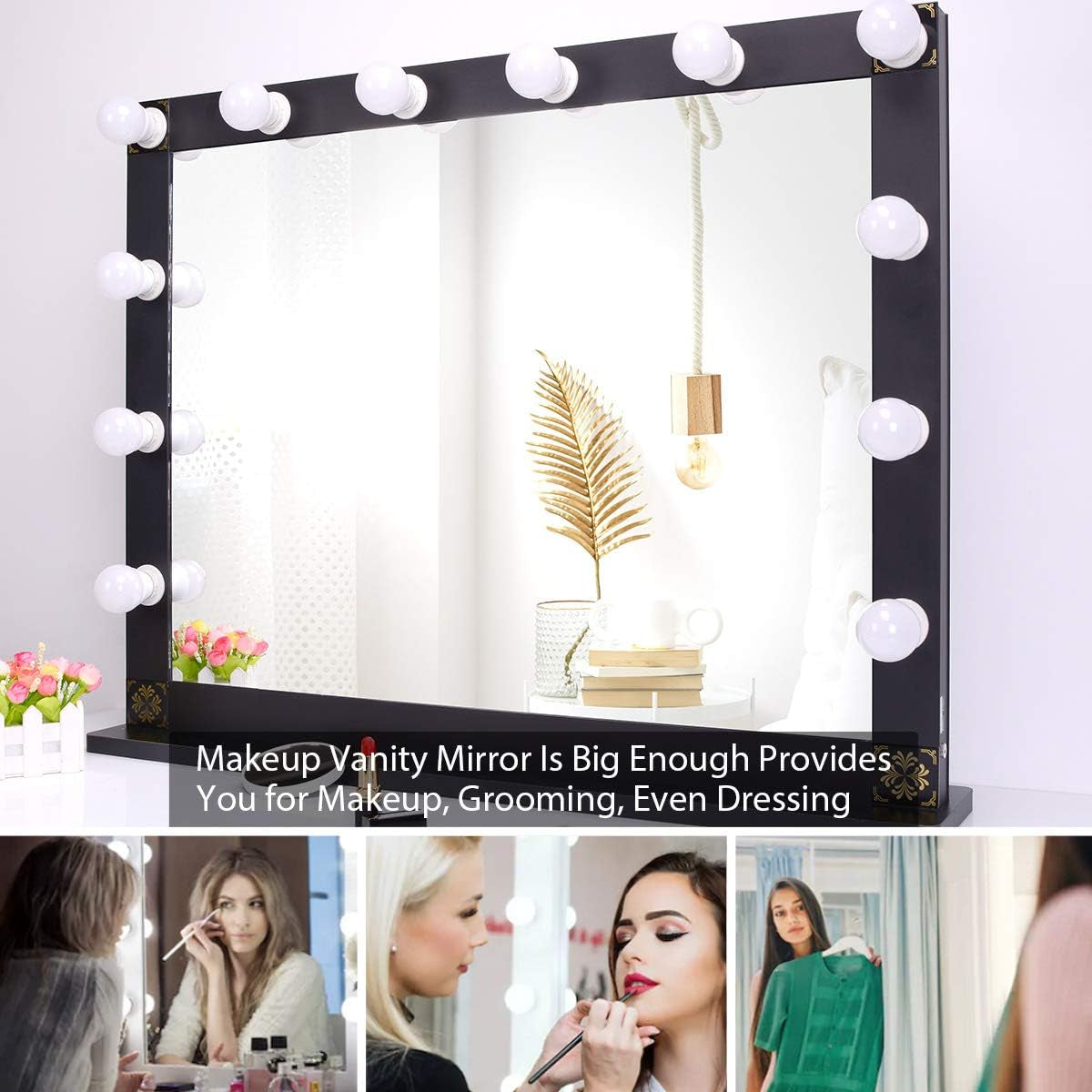 Hollywood Lighted Vanity Mirror, Tabletop Makeup Mirror with 12 Dimmer LED Bulbs, Large Dressing Cosmetic Mirror(Black)