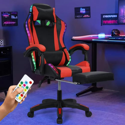Gaming Chair W Bluetooth Speakers RGB LED Lights,Ergonomic，Footrest,Height Adjustable Adults W Back Lumbar Support Red