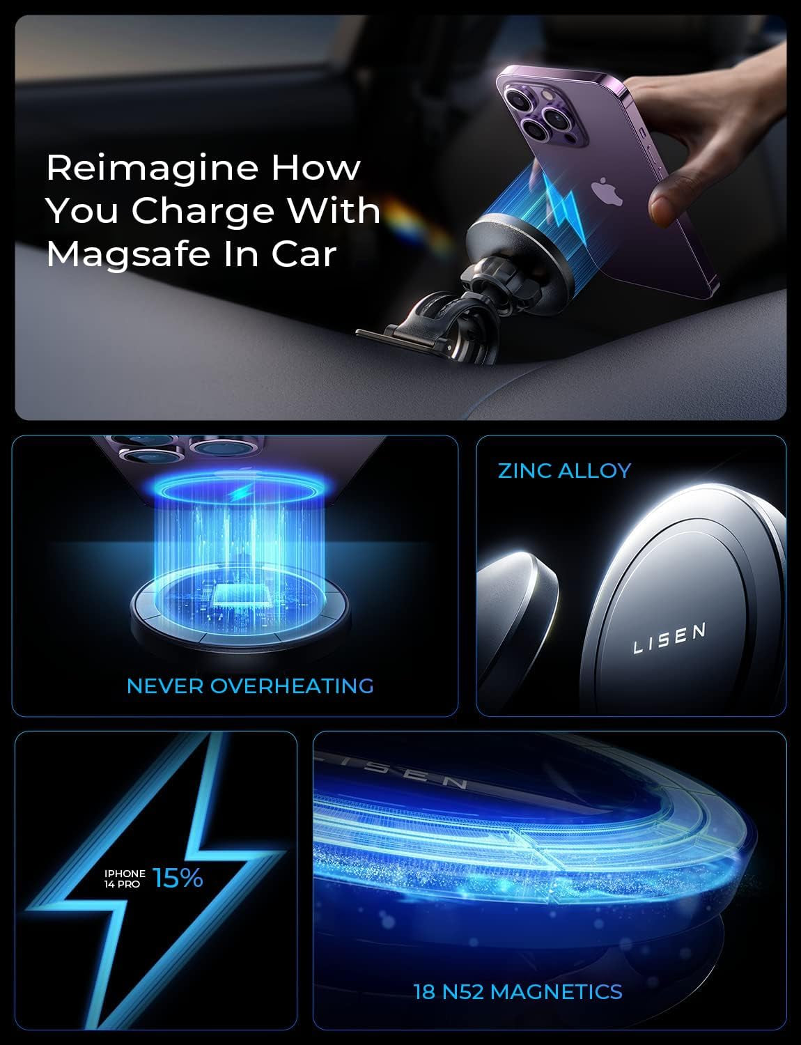 for 15W Magsafe Car Mount Charger,Super Fast Iphone Magnetic Wireless Car Charger for Iphone 16 Pro Max Accessories，Magsafe Charger Fits Iphone 16 15 14 13 12,Samsung with Magsafe Case