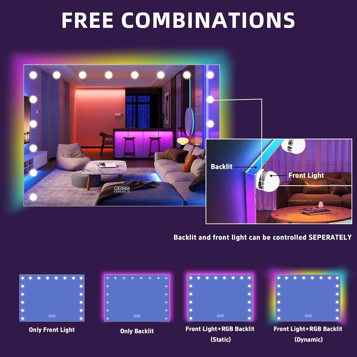 31.5X22.8 Inch RGB LED Vanity Mirror with Light and RGB Backlit Hollywood Lighted Makeup Mirror, Smart Touch Control Light Mirror with Memory Function