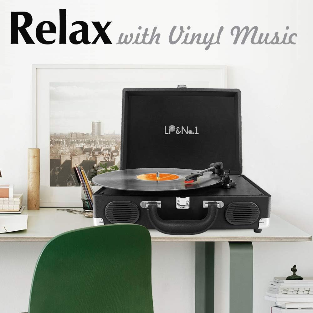 Portable Suitcase Turntable with Stereo Speaker,3 Speeds Belt-Drive Vinyl Record Player,Classic Black