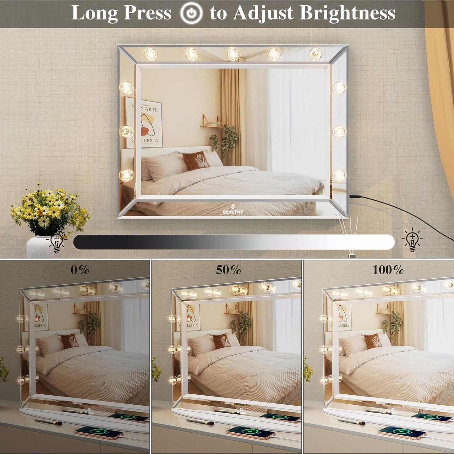 Vanity Mirror with Lights 33'' X 24'' Lighted Makeup Mirror with 11 Replaceable Bulbs and 10X Magnifier, USB Charging, Warm Light, Desktop or Wall Mounted (White)