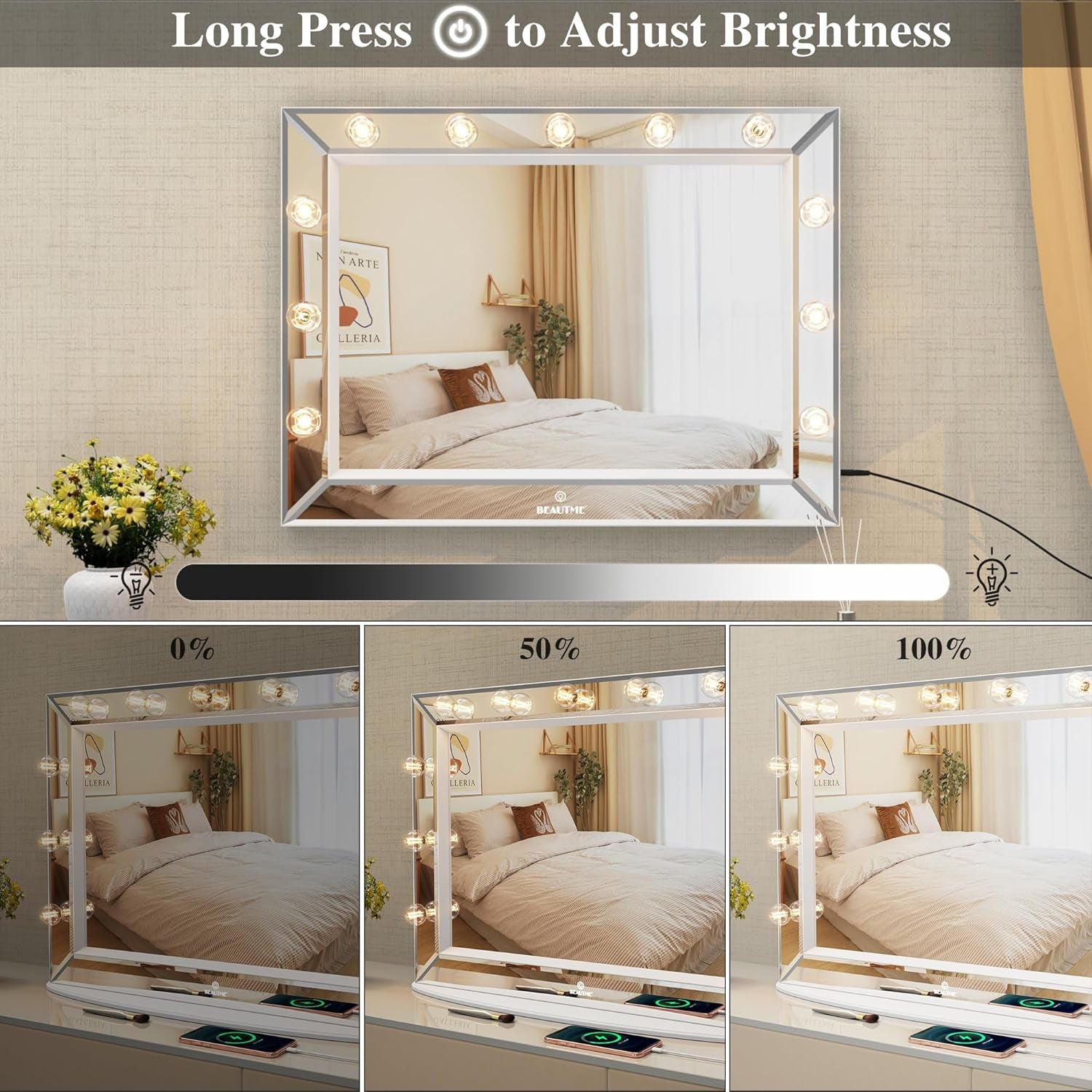 Vanity Mirror with Lights 33'' X 24'' Lighted Makeup Mirror with 11 Replaceable Bulbs and 10X Magnifier, USB Charging, Warm Light, Desktop or Wall Mounted (White)