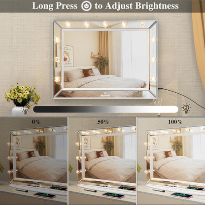 Vanity Mirror with Lights 33'' X 24'' Lighted Makeup Mirror with 11 Replaceable Bulbs and 10X Magnifier, USB Charging, Warm Light, Desktop or Wall Mounted (White)
