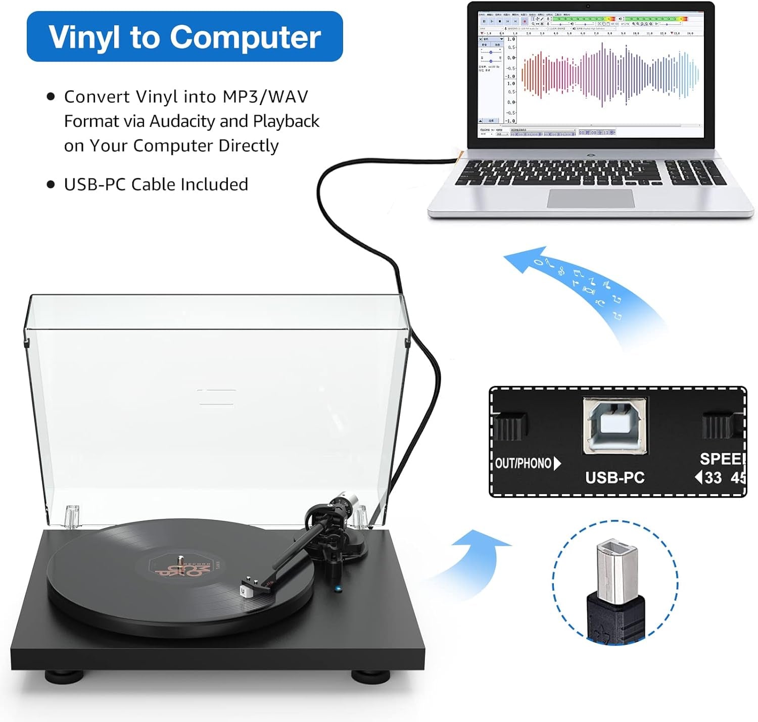 Vinyl Record Player Turntable with Bluetooth Output,Usb Recording,Counter Weight,Magnetic Cartridge,Belt Driven Turntable for Vinyl Records