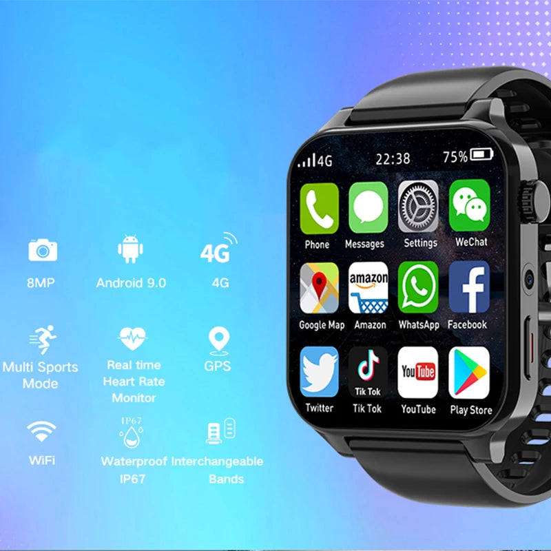 New RAM 4GB ROM 64GB 1.99 Inch 4G Call Smart Watch GPS Wifi Dual Camera SIM Heartrate Testing Waterproof Sports Men Smartwatch