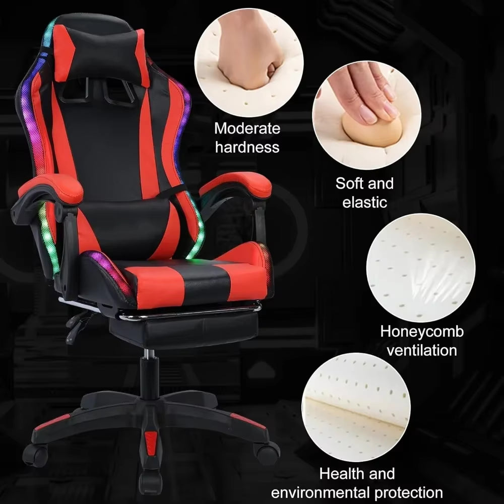 Gaming Chair W Bluetooth Speakers RGB LED Lights,Ergonomic，Footrest,Height Adjustable Adults W Back Lumbar Support Red