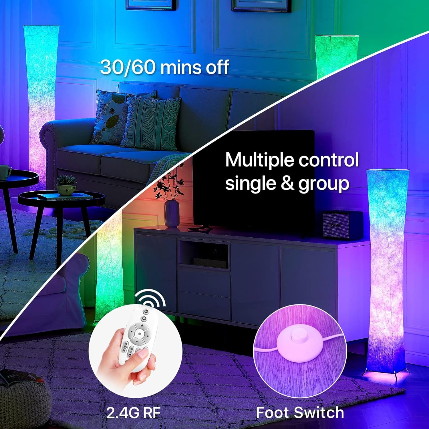 Floor Lamp, 52"(S) Standing Lamp, RGB Color Changing LED Bulbs, Adjustable Brightness Color Temperature, Purple Grandient Fabric Lampshade, for Living Room, Bedroom, Kids Room