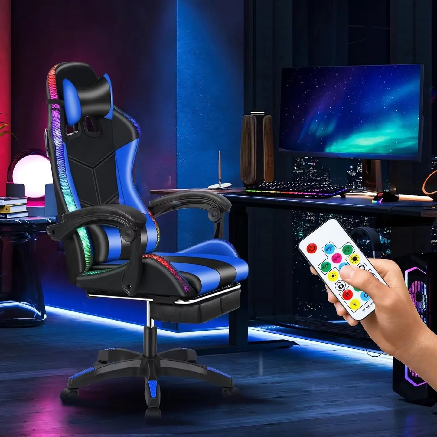 Gaming Chair W Bluetooth Speakers RGB LED Lights,Ergonomic，Footrest,Height Adjustable Adults W Back Lumbar Support Red