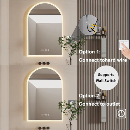 Backlit Smart LED Bathroom Mirror: 36 X 24 Inch Arched Dimmable 3 Colors Anti-Fog Lighted Mirrors with Time Temperature - CRI95
