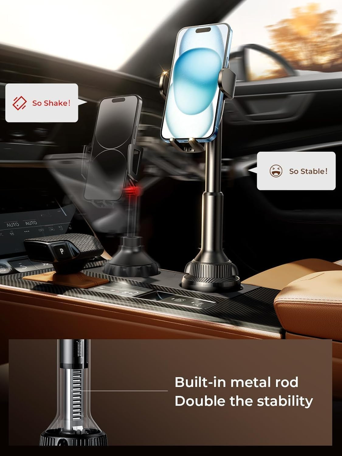 Cup Phone Holder for Car No Shaking Car Phone Holder Mount, 360° Adjustable Car Accessories for Women Truck SUV, Golf Accessories for Iphone 16E 16 15 14 13 Pro Max Samsung S25 All 4-7'' Phone