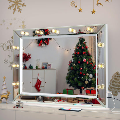 Vanity Mirror with Lights 33'' X 24'' Lighted Makeup Mirror with 11 Replaceable Bulbs and 10X Magnifier, USB Charging, Warm Light, Desktop or Wall Mounted (White)