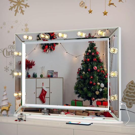Vanity Mirror with Lights 33'' X 24'' Lighted Makeup Mirror with 11 Replaceable Bulbs and 10X Magnifier, USB Charging, Warm Light, Desktop or Wall Mounted (White)