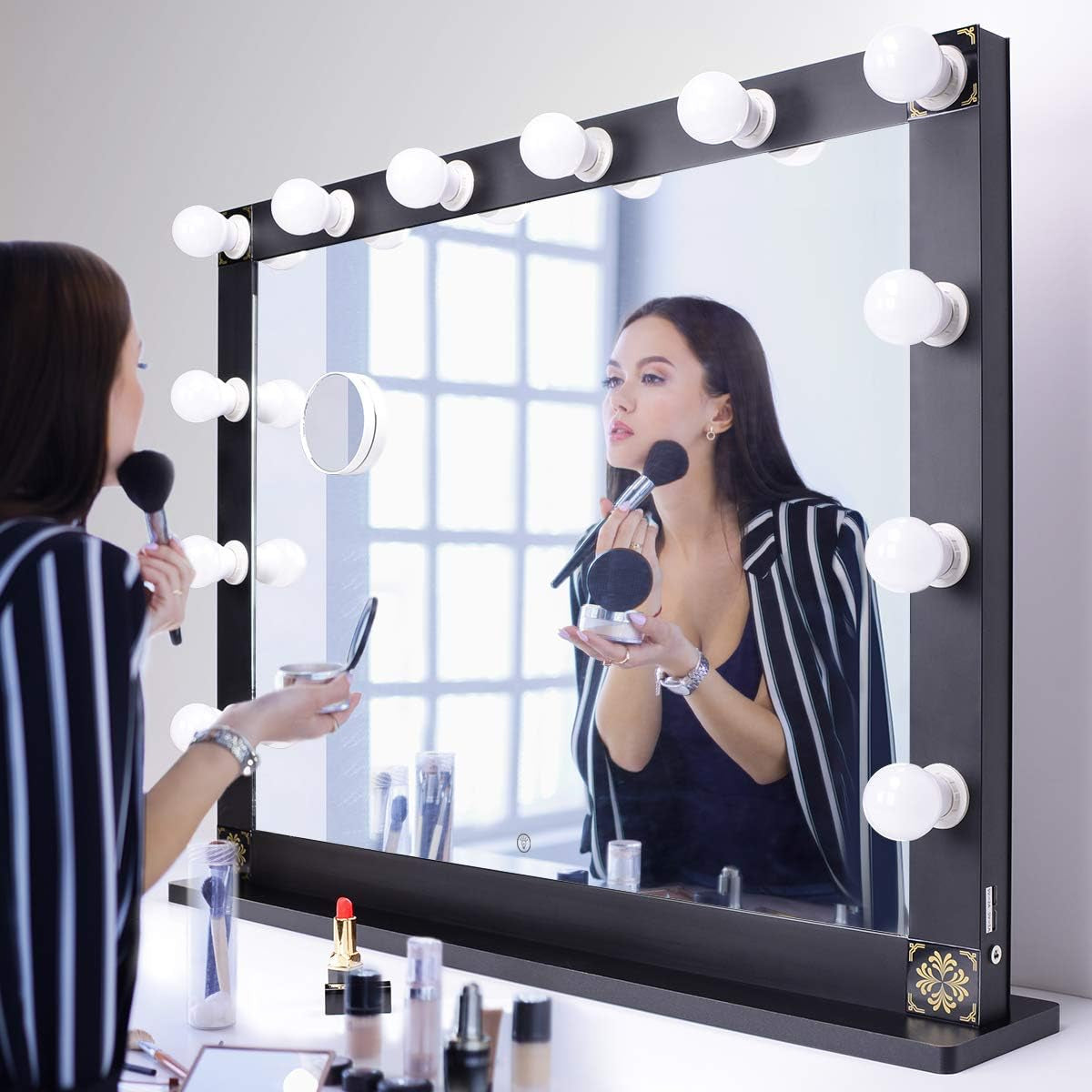 Hollywood Lighted Vanity Mirror, Tabletop Makeup Mirror with 12 Dimmer LED Bulbs, Large Dressing Cosmetic Mirror(Black)