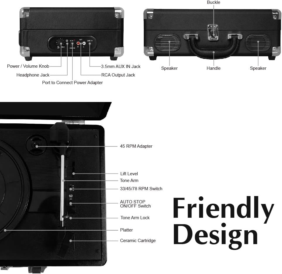 Portable Suitcase Turntable with Stereo Speaker,3 Speeds Belt-Drive Vinyl Record Player,Classic Black