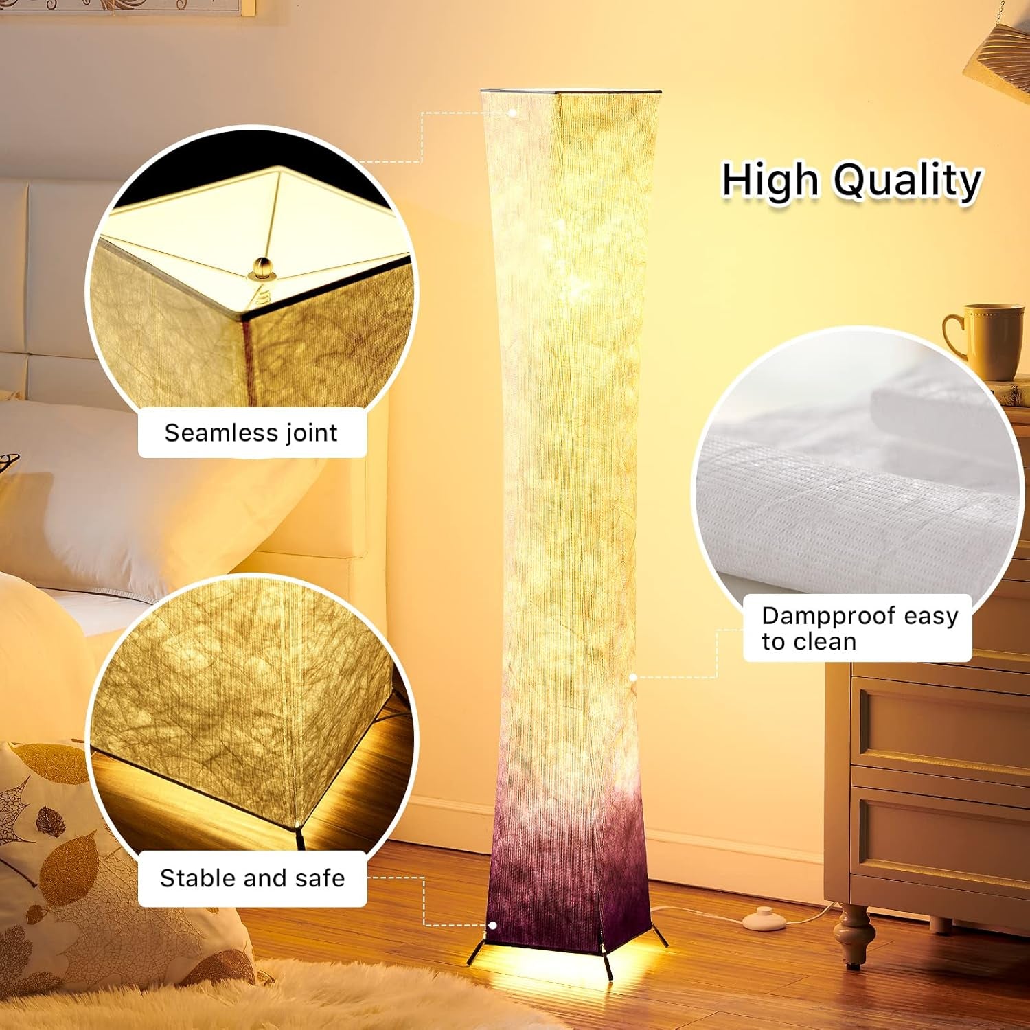 Floor Lamp, 52"(S) Standing Lamp, RGB Color Changing LED Bulbs, Adjustable Brightness Color Temperature, Purple Grandient Fabric Lampshade, for Living Room, Bedroom, Kids Room