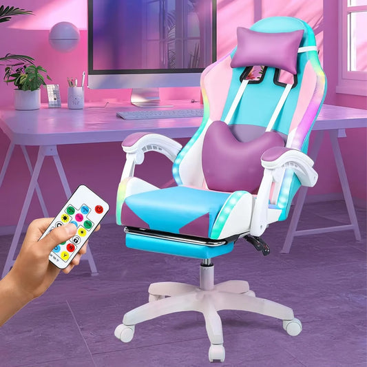 Gaming Chair W Bluetooth Speakers RGB LED Lights,Ergonomic，Footrest,Height Adjustable Adults W Back Lumbar Support Red