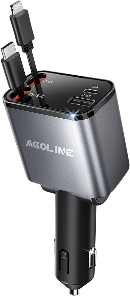 4 in 1 Retractable Car Charger,Smaller Super Fast Car Phone Charger with Retractable Cords, Car Charger Fast Charging,Usb C Car Charger Adpater Compatible with Iphone 16 15 14 13 Pro Max,Galaxy,Pixel