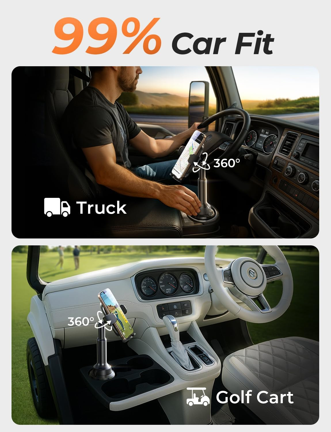 Cup Phone Holder for Car No Shaking Car Phone Holder Mount, 360° Adjustable Car Accessories for Women Truck SUV, Golf Accessories for Iphone 16E 16 15 14 13 Pro Max Samsung S25 All 4-7'' Phone