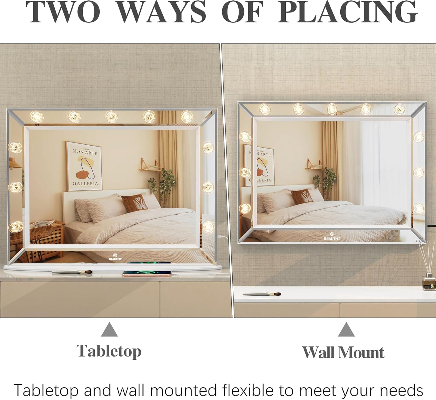 Vanity Mirror with Lights 33'' X 24'' Lighted Makeup Mirror with 11 Replaceable Bulbs and 10X Magnifier, USB Charging, Warm Light, Desktop or Wall Mounted (White)