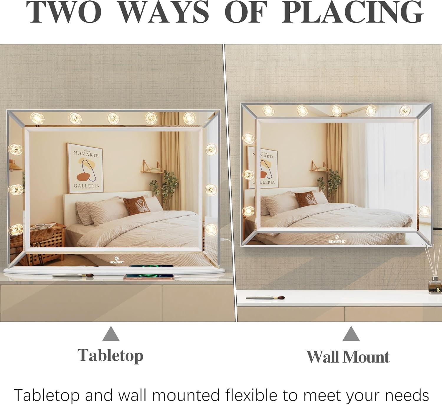 Vanity Mirror with Lights 33'' X 24'' Lighted Makeup Mirror with 11 Replaceable Bulbs and 10X Magnifier, USB Charging, Warm Light, Desktop or Wall Mounted (White)