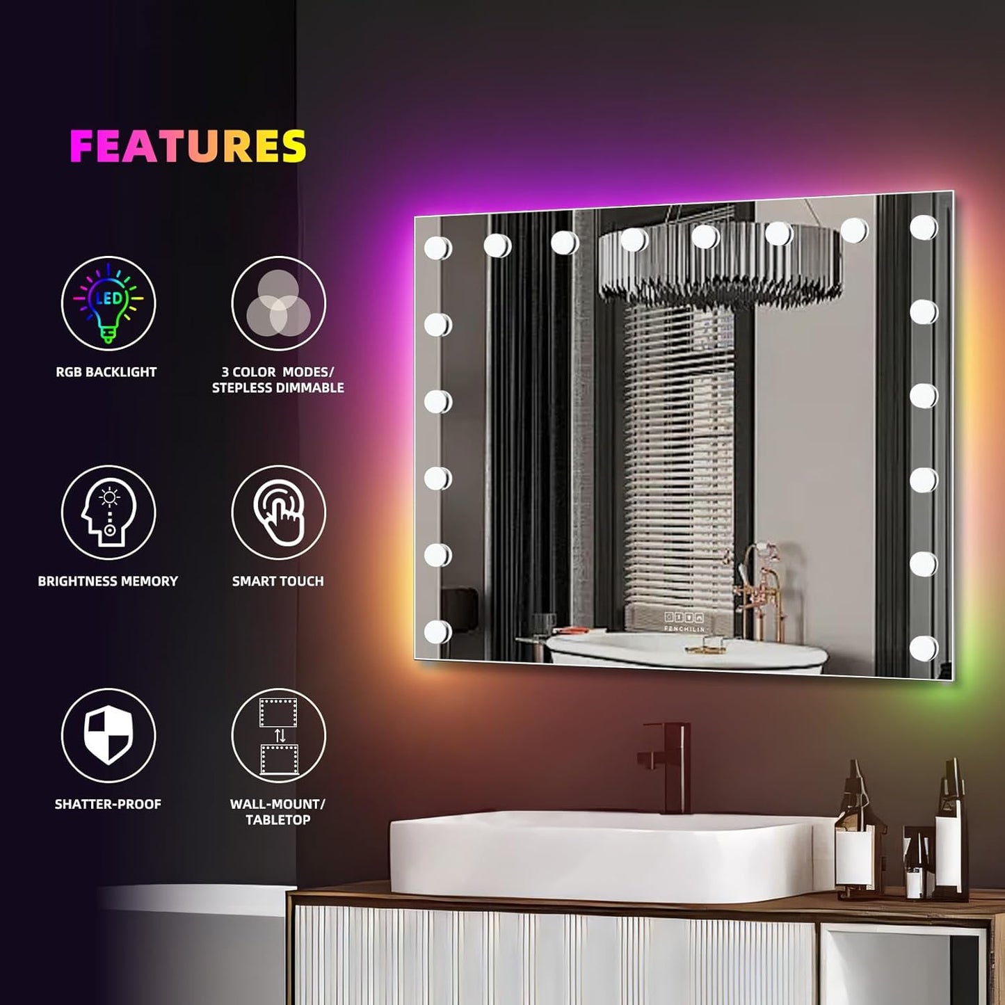 31.5X22.8 Inch RGB LED Vanity Mirror with Light and RGB Backlit Hollywood Lighted Makeup Mirror, Smart Touch Control Light Mirror with Memory Function