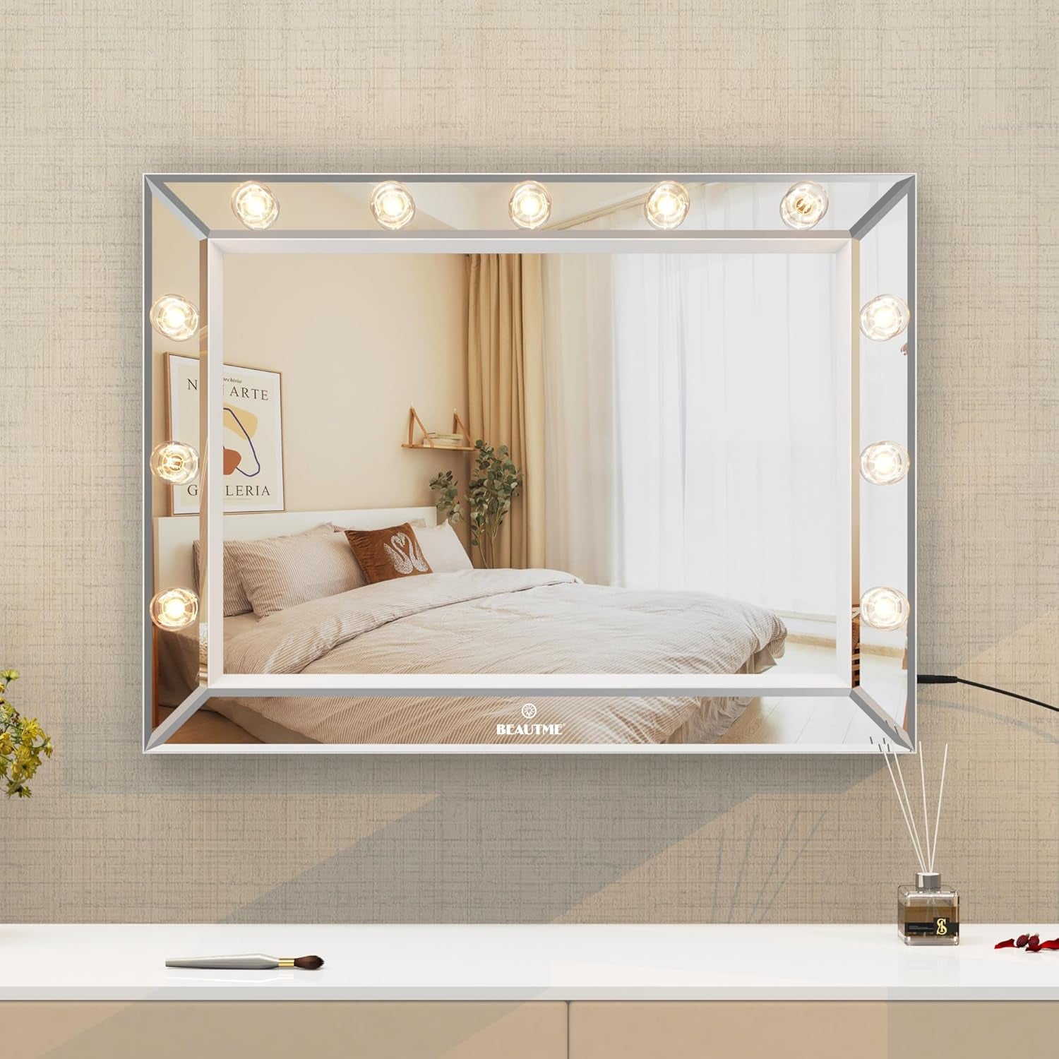 Vanity Mirror with Lights 33'' X 24'' Lighted Makeup Mirror with 11 Replaceable Bulbs and 10X Magnifier, USB Charging, Warm Light, Desktop or Wall Mounted (White)