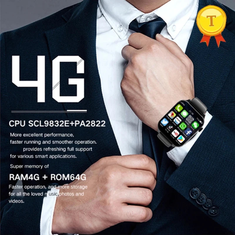 New RAM 4GB ROM 64GB 1.99 Inch 4G Call Smart Watch GPS Wifi Dual Camera SIM Heartrate Testing Waterproof Sports Men Smartwatch