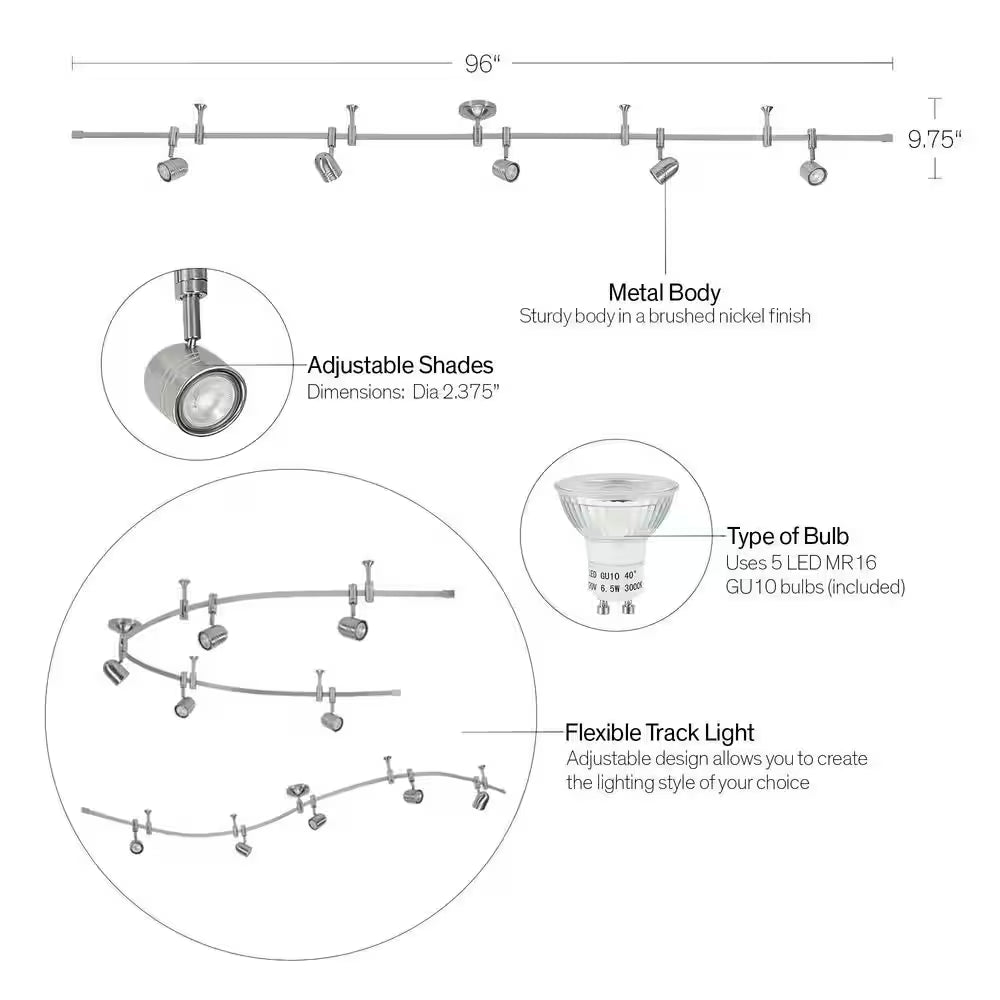 Flex Track 8 Ft. Brushed Nickel LED Ceiling Mounted Hard Wired Track Lighting Kit with Pinhole Head