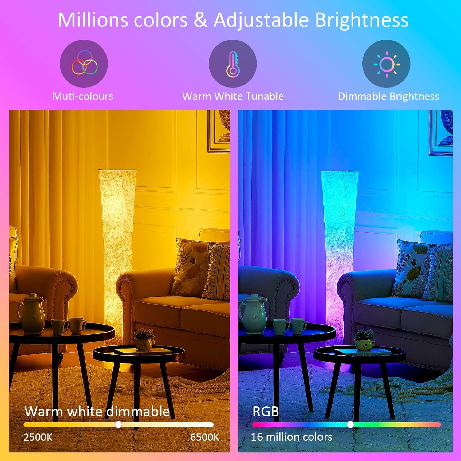 Floor Lamp, 52"(S) Standing Lamp, RGB Color Changing LED Bulbs, Adjustable Brightness Color Temperature, Purple Grandient Fabric Lampshade, for Living Room, Bedroom, Kids Room