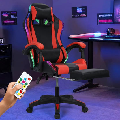 Gaming Chair W Bluetooth Speakers RGB LED Lights,Ergonomic，Footrest,Height Adjustable Adults W Back Lumbar Support Red