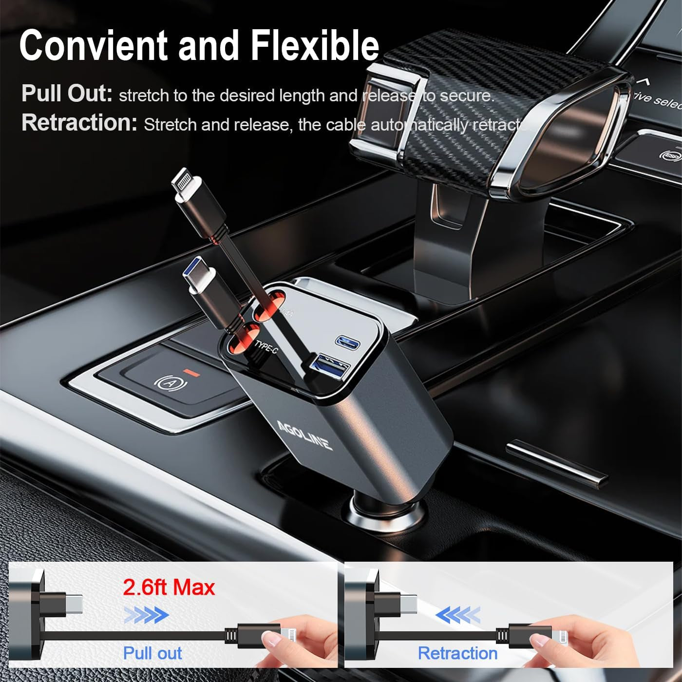 4 in 1 Retractable Car Charger,Smaller Super Fast Car Phone Charger with Retractable Cords, Car Charger Fast Charging,Usb C Car Charger Adpater Compatible with Iphone 16 15 14 13 Pro Max,Galaxy,Pixel