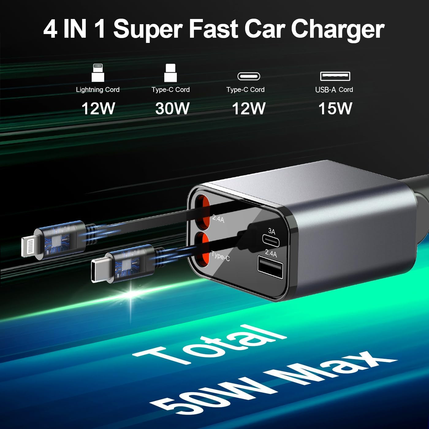 4 in 1 Retractable Car Charger,Smaller Super Fast Car Phone Charger with Retractable Cords, Car Charger Fast Charging,Usb C Car Charger Adpater Compatible with Iphone 16 15 14 13 Pro Max,Galaxy,Pixel