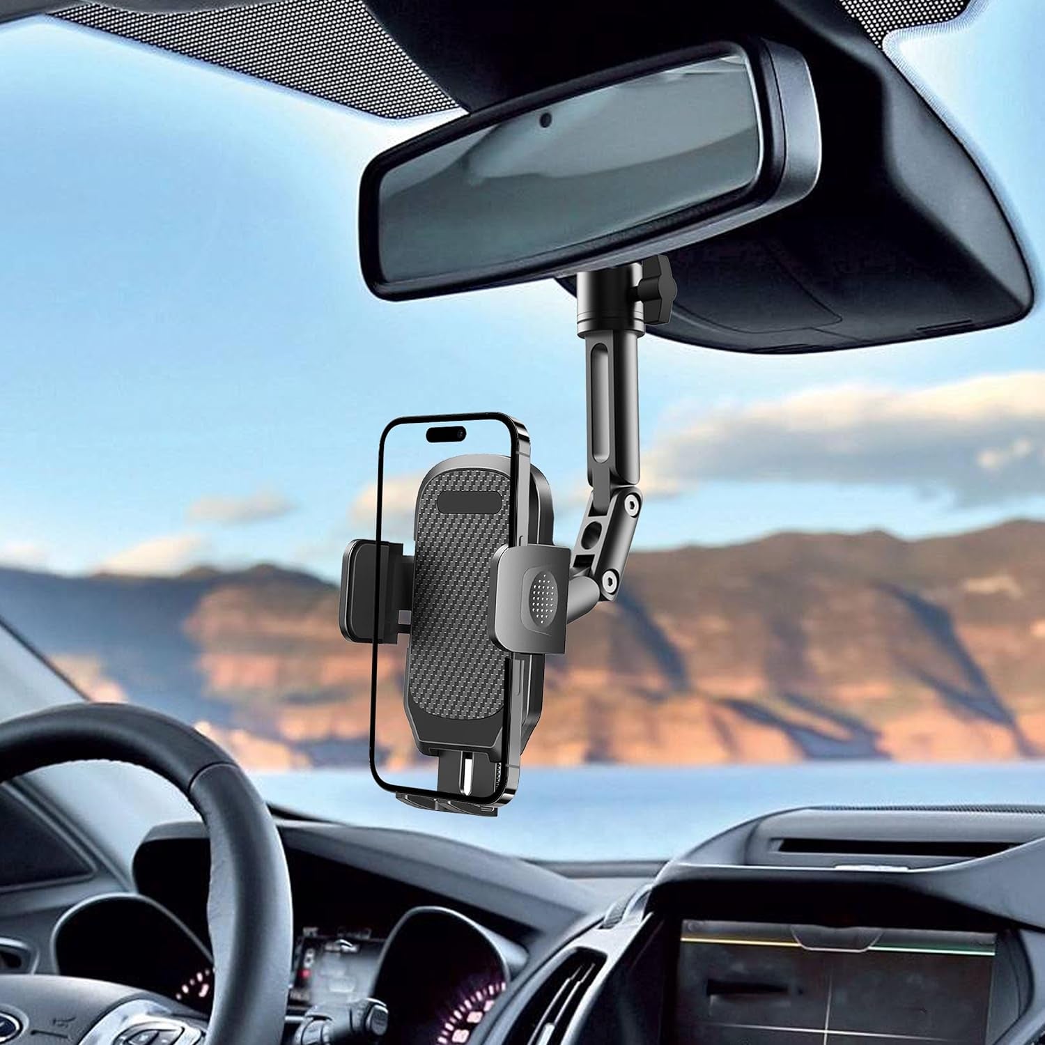 Phone Holder Car, Rear View Mirror Phone Holder - Aluminum Alloy Mount Multi-Angle Adjustment Rotatable and Retractable Compatible with All 4-7 Inch Iphone and Android Cell Phones