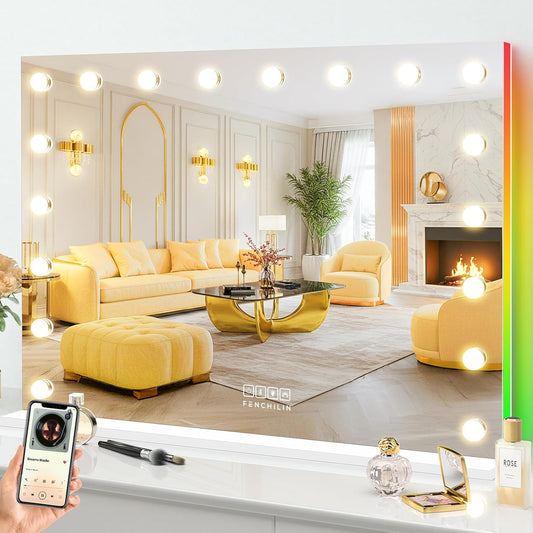 31.5X22.8 Inch RGB LED Vanity Mirror with Light and RGB Backlit Hollywood Lighted Makeup Mirror, Smart Touch Control Light Mirror with Memory Function