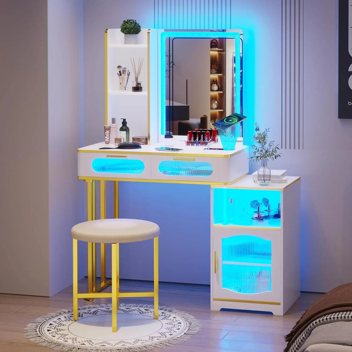 Vanity Desk with Mirror for Girls Gift, Small Makeup Vanity with Voice Activation & Wireless Charging, Dressing Table Matt Grey