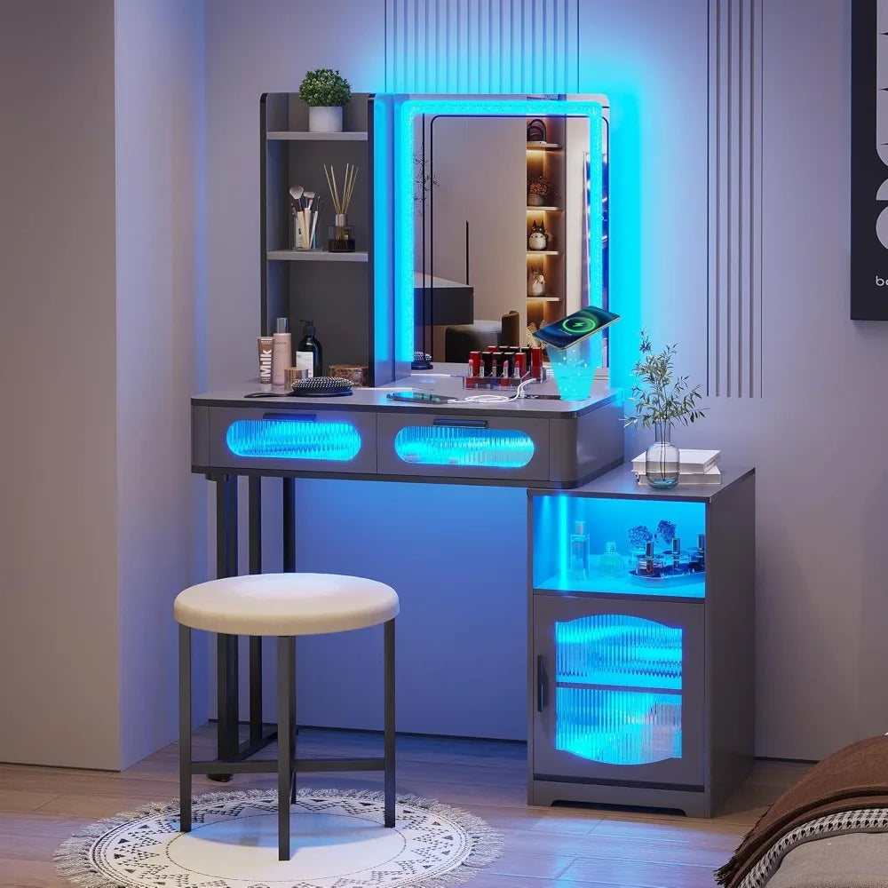 Vanity Desk with Mirror for Girls Gift, Small Makeup Vanity with Voice Activation & Wireless Charging, Dressing Table Matt Grey